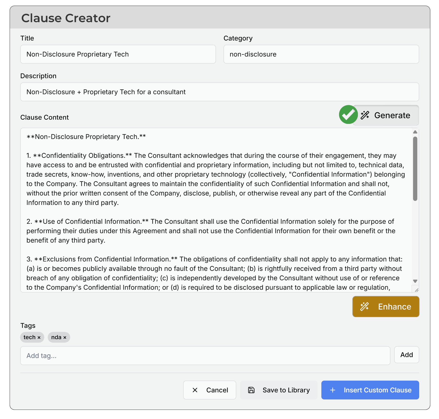 ClauseInk AI Clause Creator interface showing comprehensive form for creating custom legal clauses with fields for title, category, description, clause content, AI generation and enhancement buttons, tags, and action buttons for saving to library